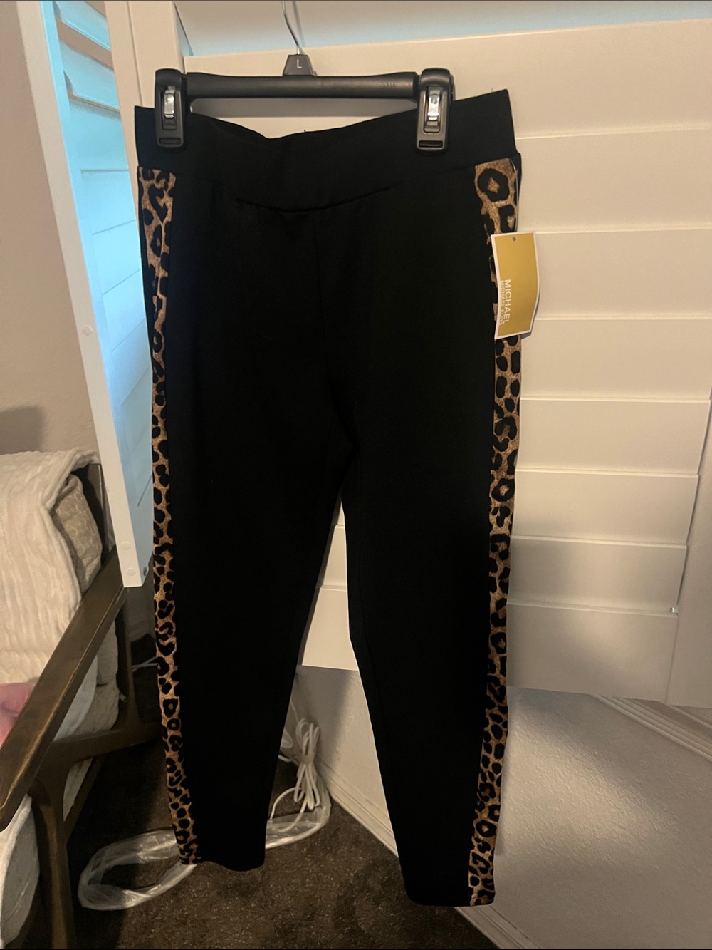 MICHAEL Michael Kors Black Leggings with Leopard Print Side Stripes